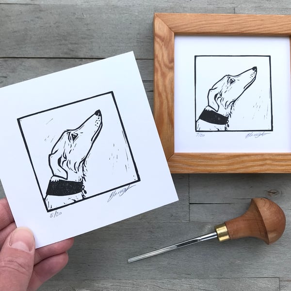 Lurcher print, original lino cut by Suffolk artist Beth Knight.