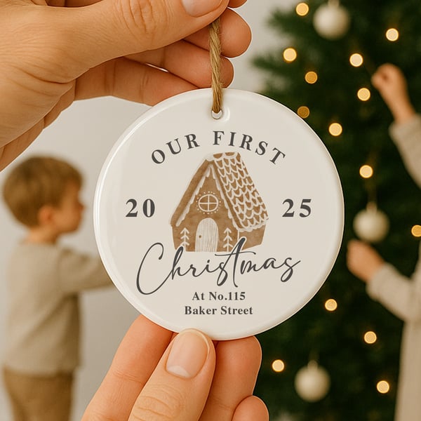 Personalised First Christmas New Home Ornament: Moving Gift Bauble - Gingerbread
