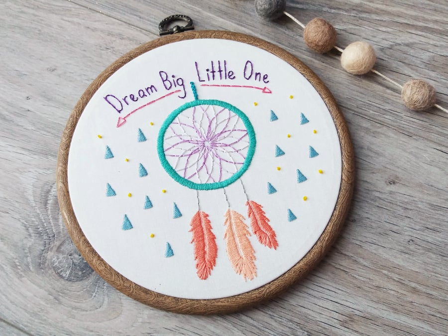 Dream Big Little One Dreamcatcher Embroidery Hoop - Boho Nursery Wall Art 