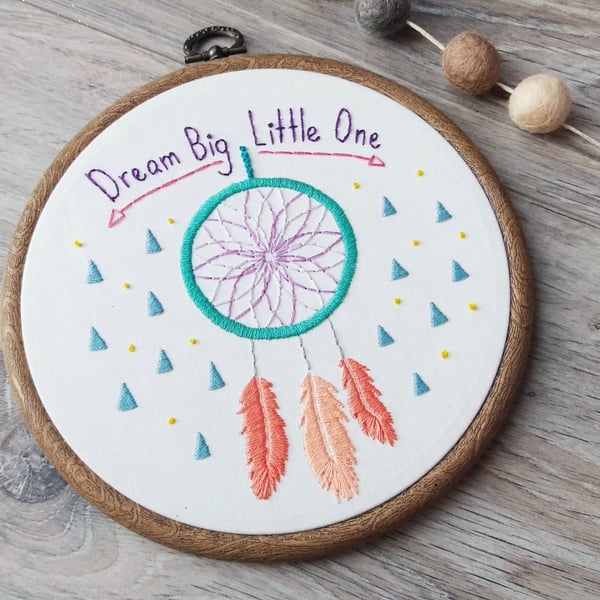 Dream Big Little One Dreamcatcher Embroidery Hoop - Boho Nursery Wall Art 