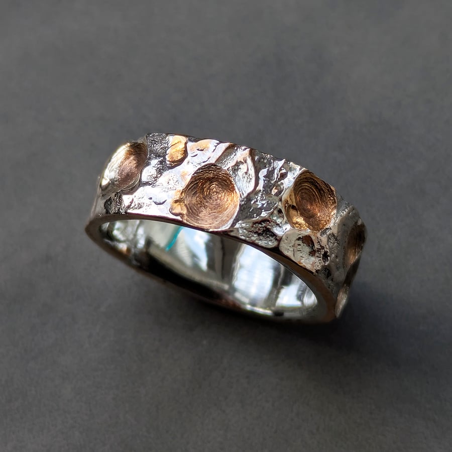 Mixed Metal Silver & Bronze Ring, Wide Textured Brutalist Band