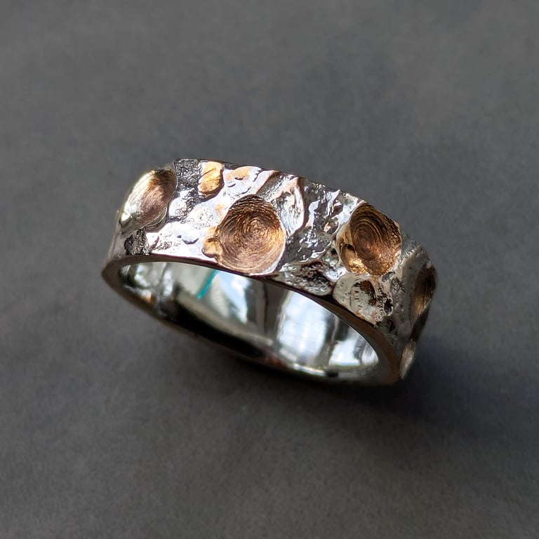 Mixed Metal Silver & Bronze Ring, Wide Textured Brutalist Band