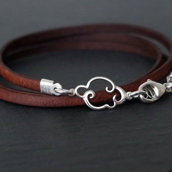 Cloud silver bracelet leather wrap 925 sterling silver clouds sky nature