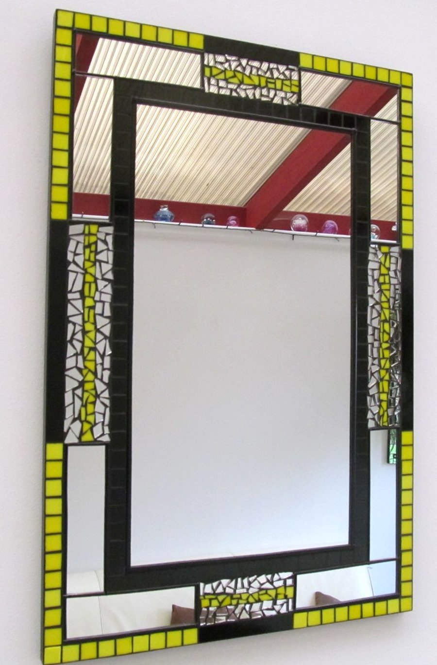 Stained glass mosaic mirror in black and yellow glass.FREE UK MAINLAND DELIVERY