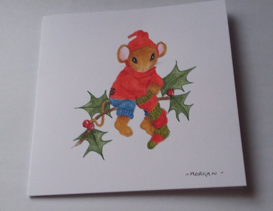 HAND PAINTED WATER COLOUR CARD  OF  MICE at Christmas