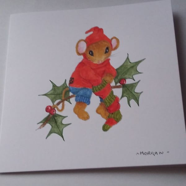 HAND PAINTED WATER COLOUR CARD  OF  MICE at Christmas