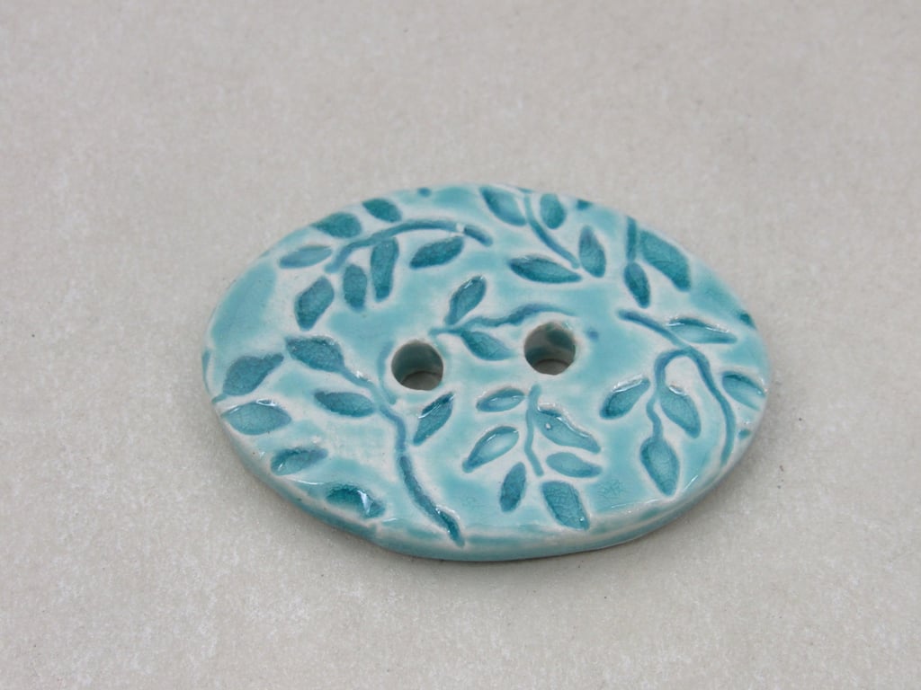 Large Aqua Blue Sprig Oval Handmade Ceramic Button