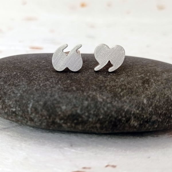 Recycled sterling silver speech mark stud earrings - book lover gift