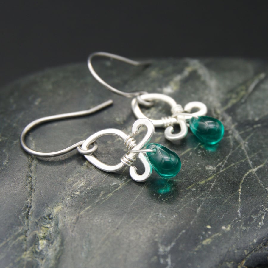 Hammered Sterling Silver Earrings with Teal Glass Drops