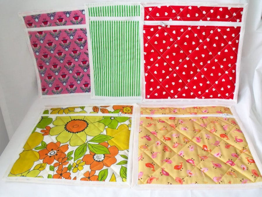 small quilted project pouch for embroidery or small craft projects, peach birds