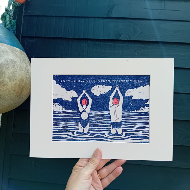 Wild Swimmer Linocut Print - sea swimming cold water male female swimmer gift