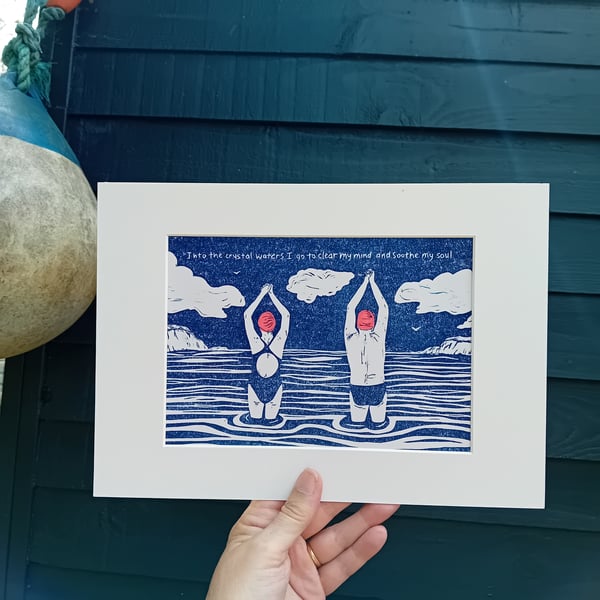 Wild Swimmer Linocut Print - sea swimming cold water male female swimmer gift