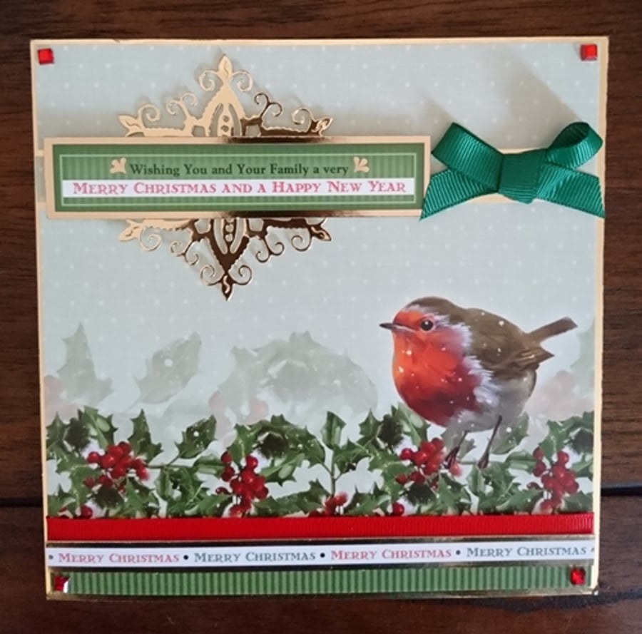 Christmas Card Red Breasted Robin with Holly and Berries 3D Luxury Handmade Card