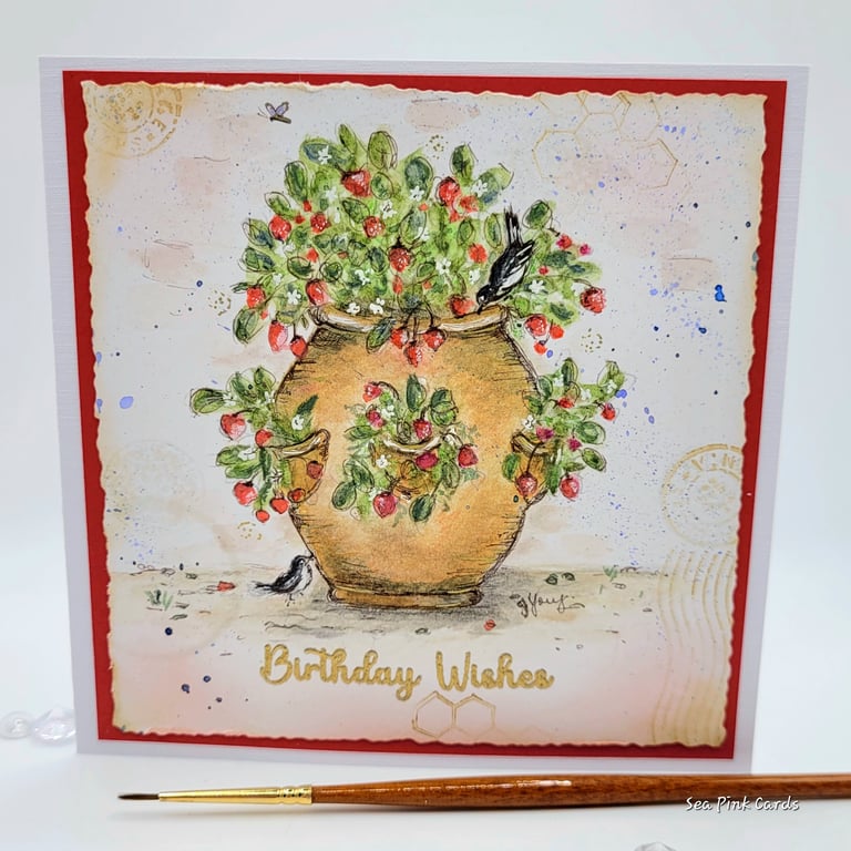 Strawberry Birthday Card - original handpainted, planter, plant pot, birds