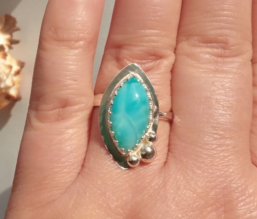 Larimar Adjustable Ring Sterling Silver Marquise Gemstone Jewellery Gift