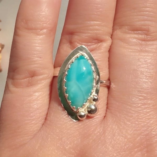 Larimar Adjustable Ring Sterling Silver Marquise Gemstone Jewellery Gift