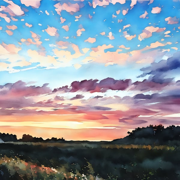Print of Original Water Colour A4 Bright Sunset on The Fens Norfolk