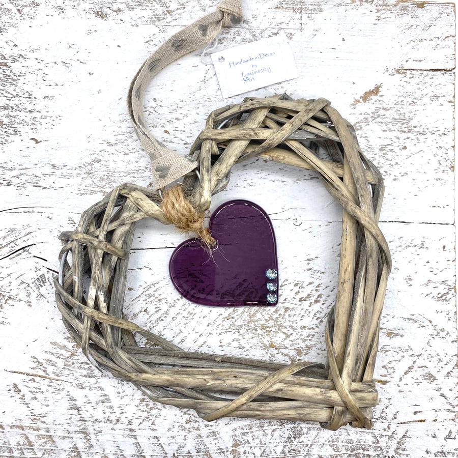 Fused Glass & Wicker Hanging Heart -  Purple