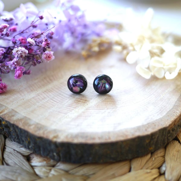Purple Pearlescent Shades Abalone Shell and Resin Stainless Steel Stud Earrings
