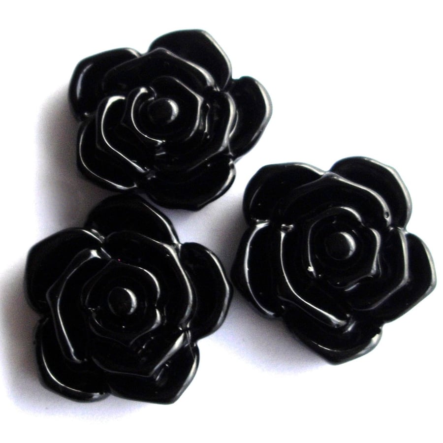 3 x 20 mm Black Plastic Rose Beads
