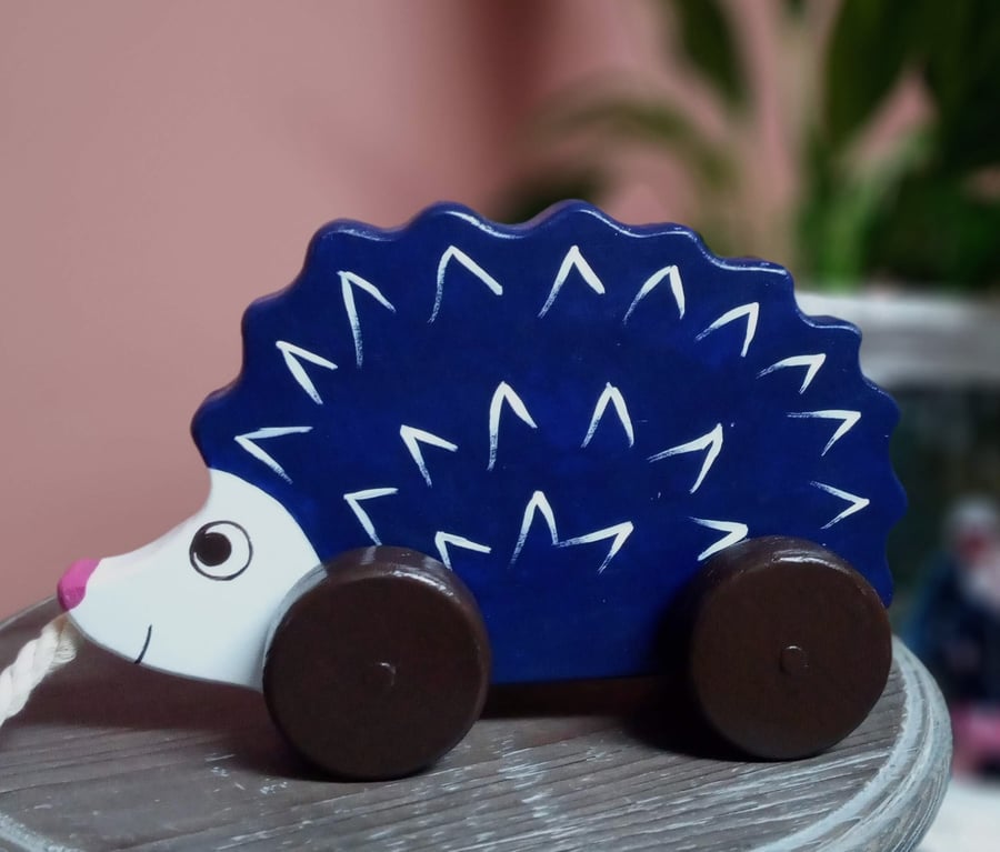 Pull Along Hedgehog, classic wooden toy. Handmade baby girl or baby boy gift ide
