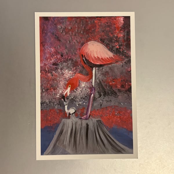 Flamingo and Chick  feeding Small Fine Art Print 