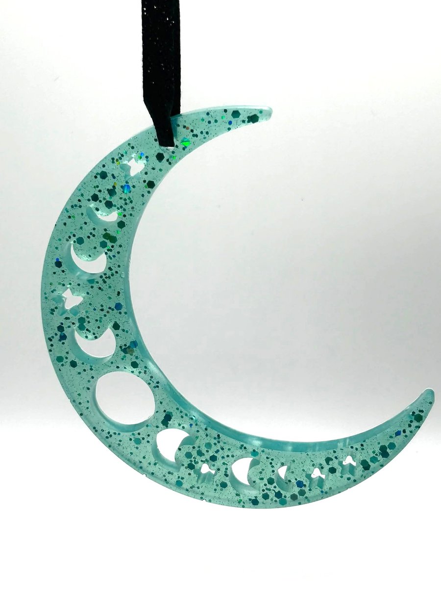 Handmade Teal Green Glitter Crescent Moon Hanging Decoration – Celestial Witchy 
