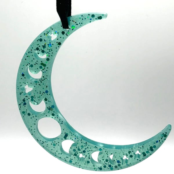 Handmade Teal Green Glitter Crescent Moon Hanging Decoration – Celestial Witchy 