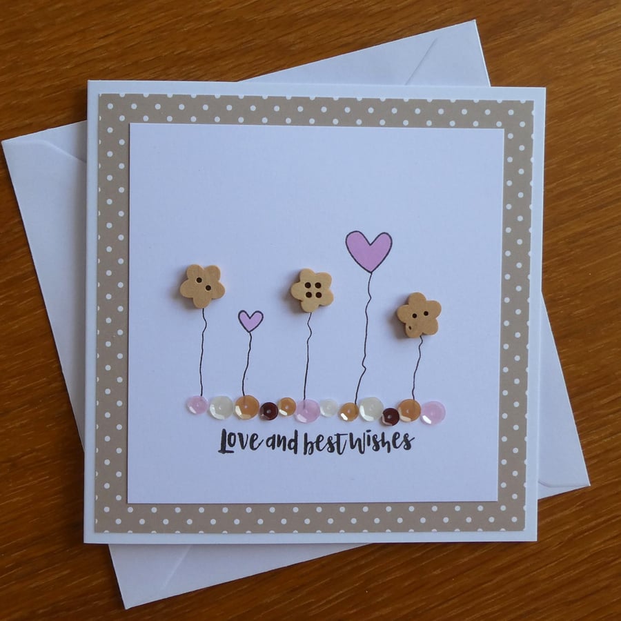 Birthday Card - Flowers and Hearts - Pink and Fawn