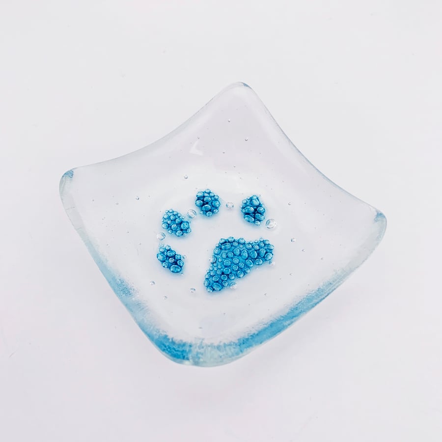 Fused Glass Bubby Pawprint Trinket Dish - Handmade Glass Dish
