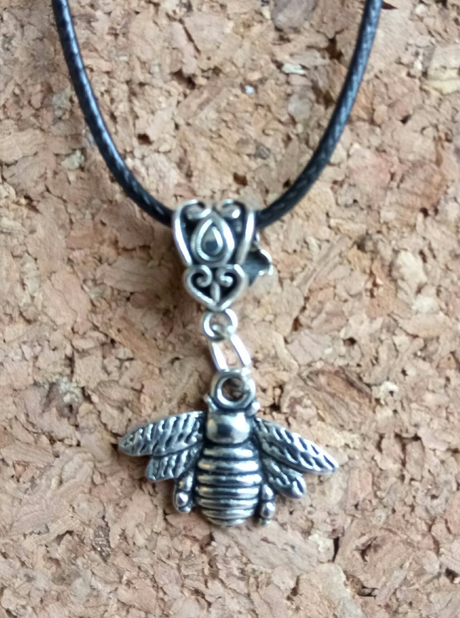 Tibetan Silver Bee on a Leather Necklace