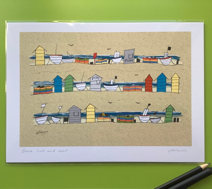 A4 signed print - Beach Huts and Boats