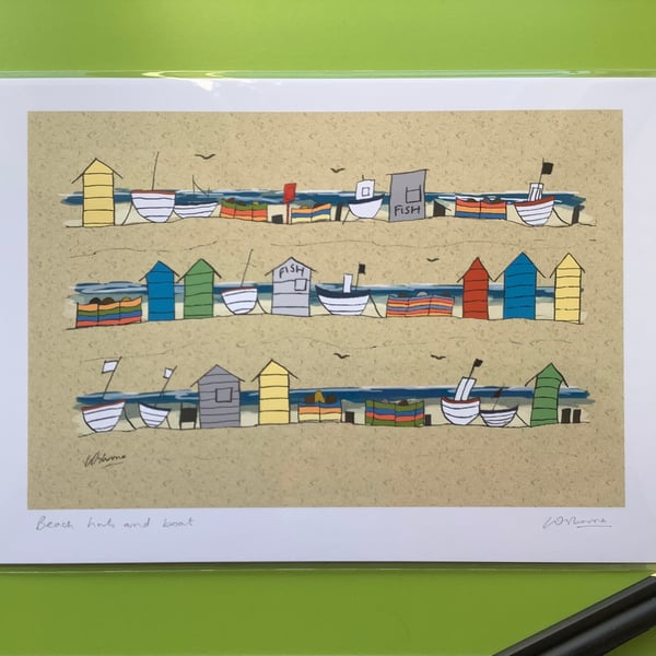 A4 signed print - Beach Huts and Boats