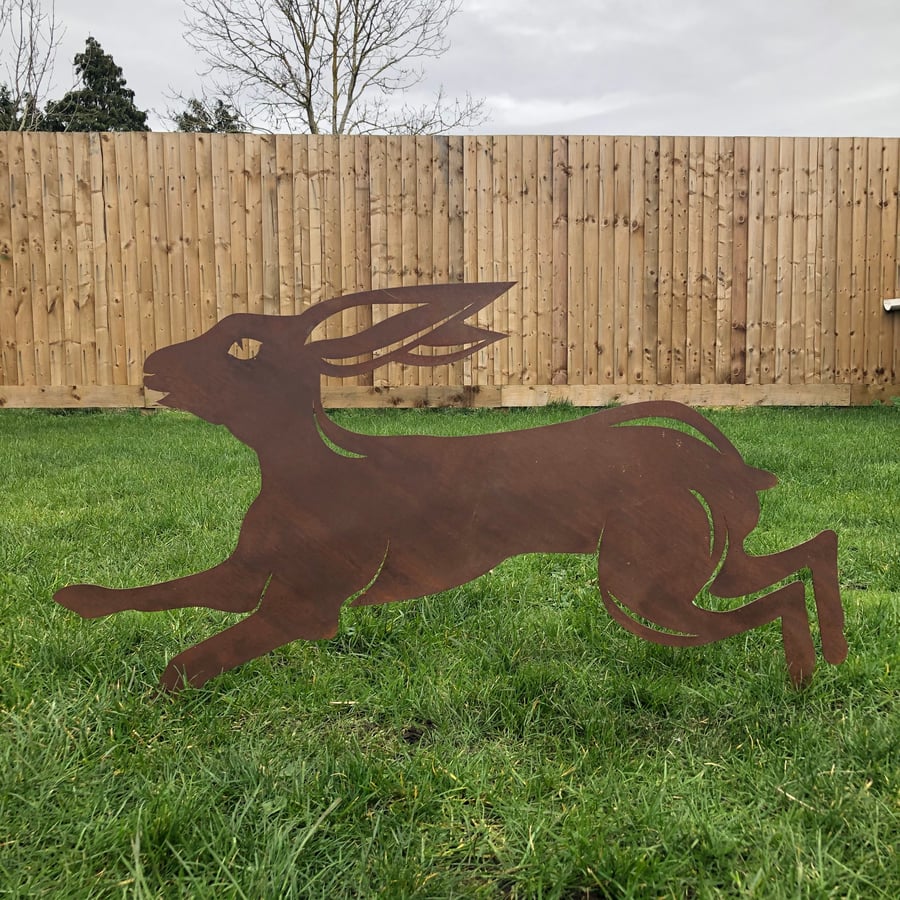Garden ornament, Rusty Metal Running LEAPING HARE , garden Sign , Silhouette ,