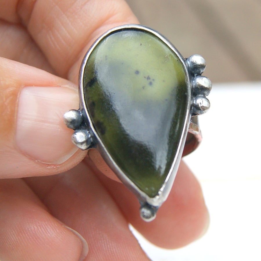 Large Sterling Silver Ring, Green Cheetah Jasper Ring, Rustic Jewellery
