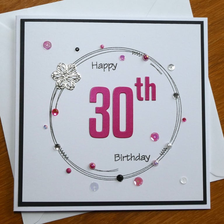 30th Birthday Card - Hot Pink Wreath Design 