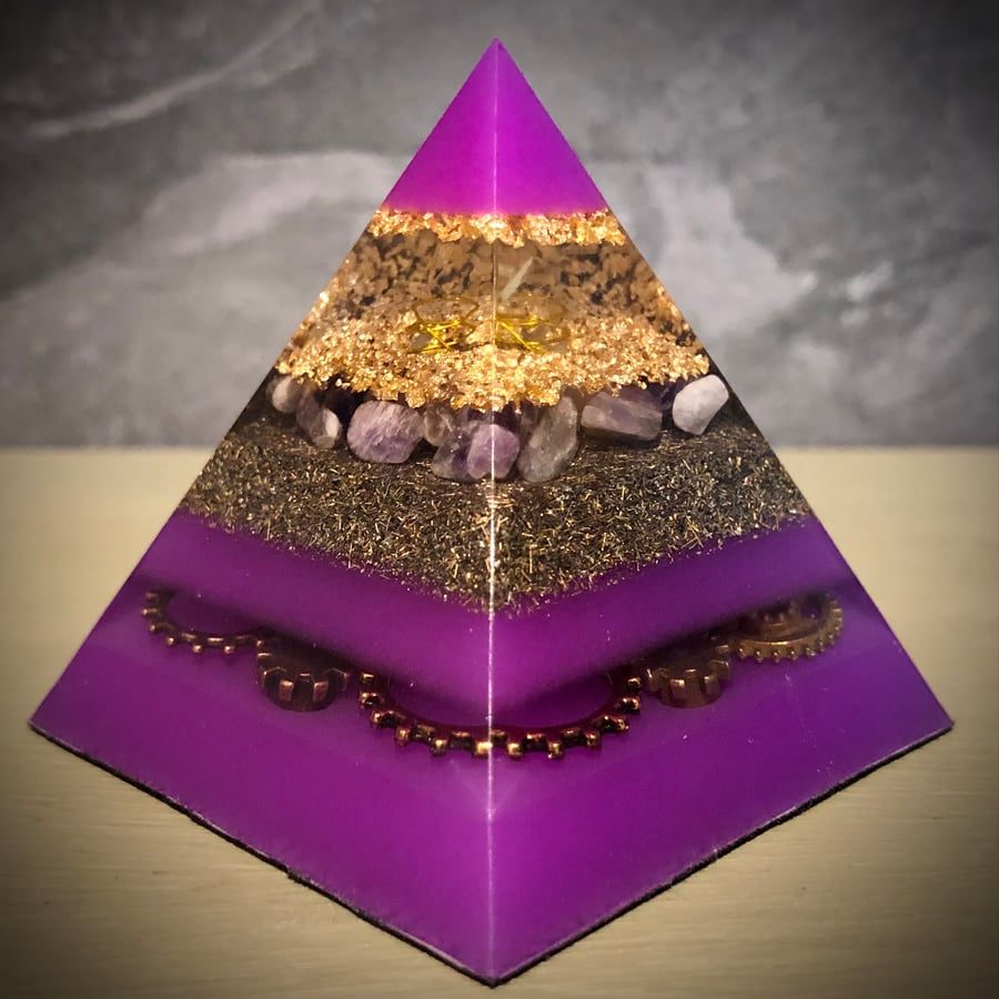 Amethyst & Clear Quartz Crystal Energy Pyramid (purple glow)