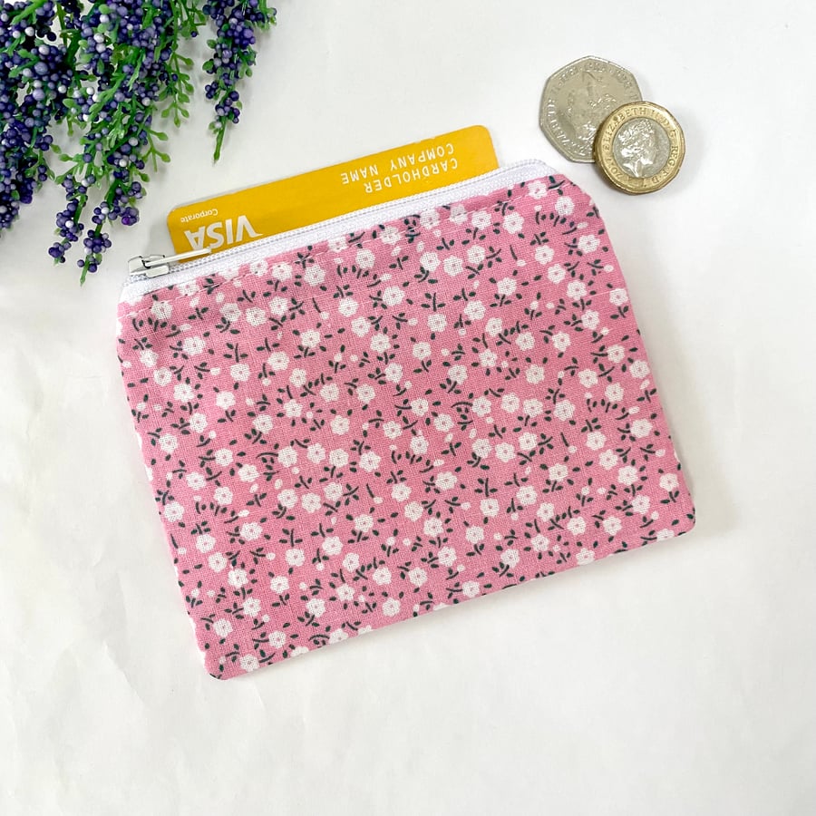 Coin Purse Card Wallet Money Pouch Pink Ditsy Flowers Fabric 