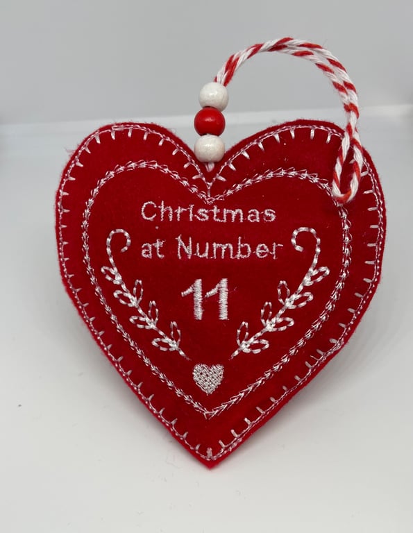 Embroidered Christmas house number felt heart hanging decoration 