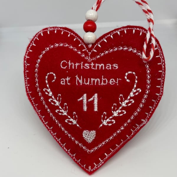 Embroidered Christmas house number felt heart hanging decoration 