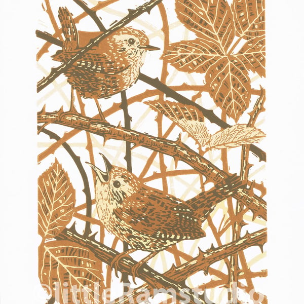 Wrens - 'The Wrens' Duet - Original hand cut limited edition linocut print
