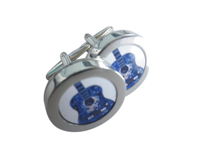 Blue painted acoustic guitar cufflinks, really authentic image, great gift. 