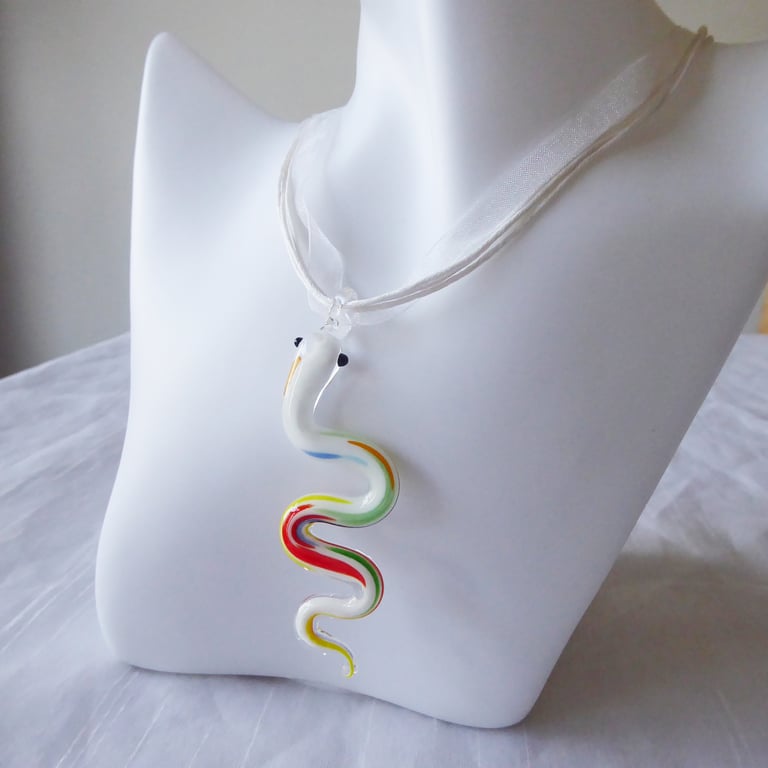 White Ribbon & Cord Adjustable Necklace A with Lampwork Glass Snake