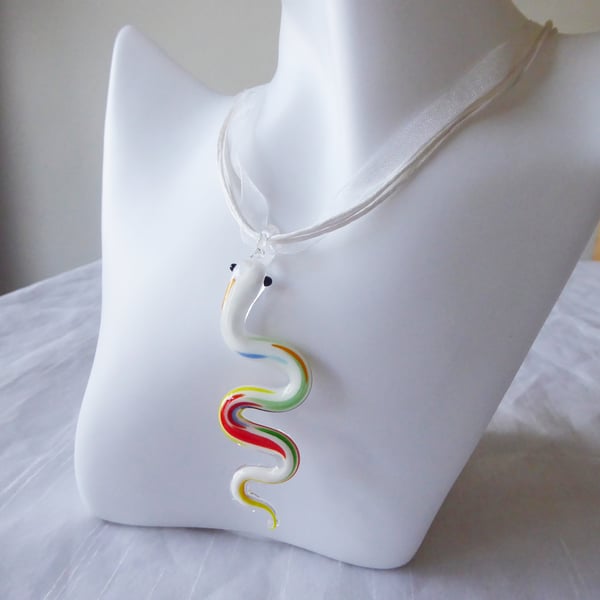 White Ribbon & Cord Adjustable Necklace A with Lampwork Glass Snake