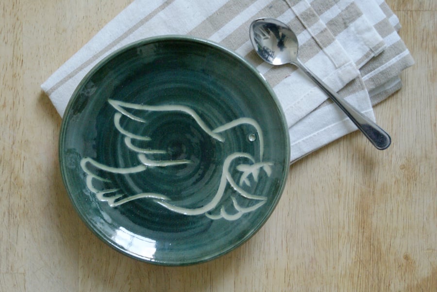 Small decorative peace Dove plate - in Green and Simply Clay