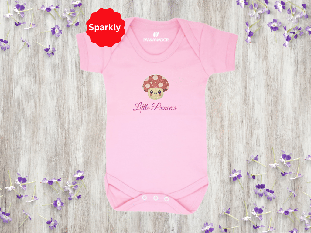 Cute Glitter Mushroom Baby Bodysuit – Personalised Baby Grow With Name