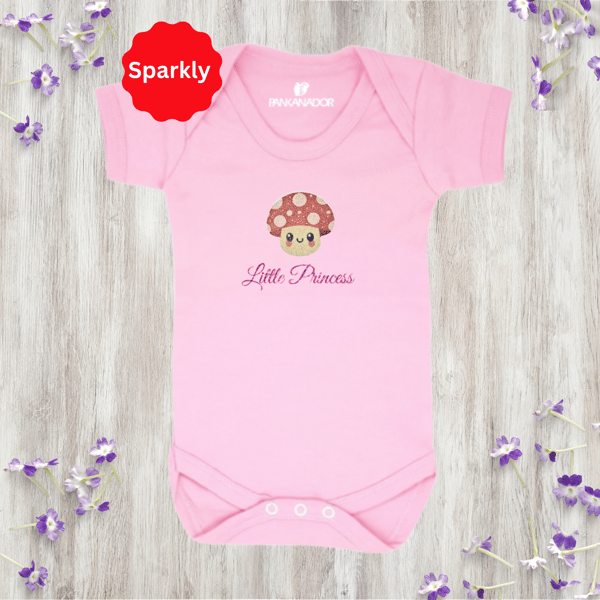 Cute Glitter Mushroom Baby Bodysuit – Personalised Baby Grow With Name