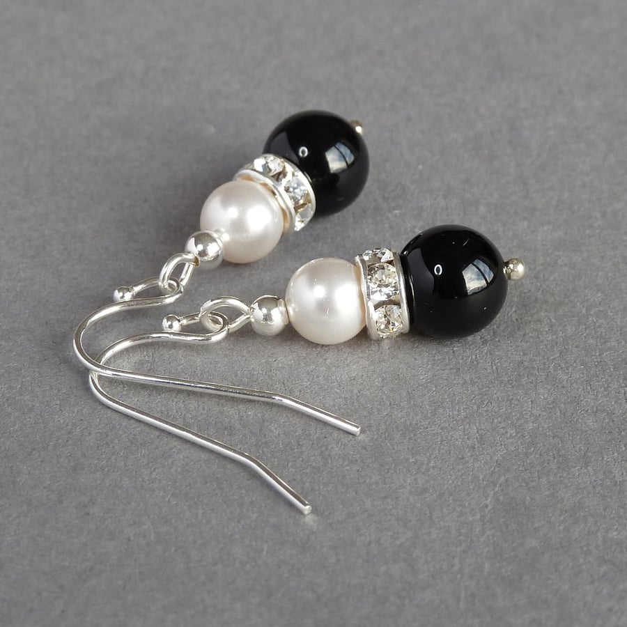 Jet Black Drop Earrings - Onyx and Ivory Pearl Bridesmaids Wedding Accessories