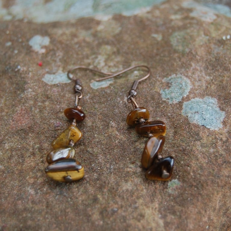 Copper & Tigers Eye Stacked Drop Earrings - Handmade - Natural Stone Earrings