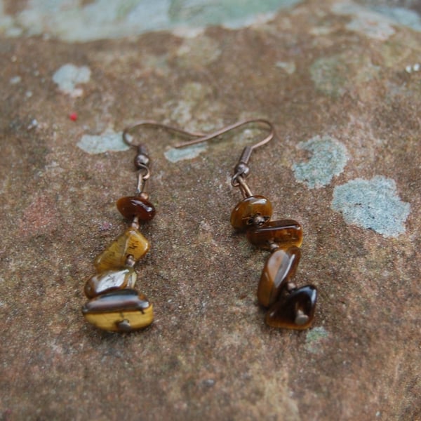 Copper & Tigers Eye Stacked Drop Earrings - Handmade - Natural Stone Earrings